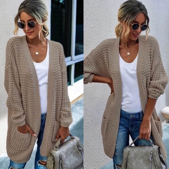 Cozy chunky knit open front fall cardigan - LATTE - Picture 3 of 3